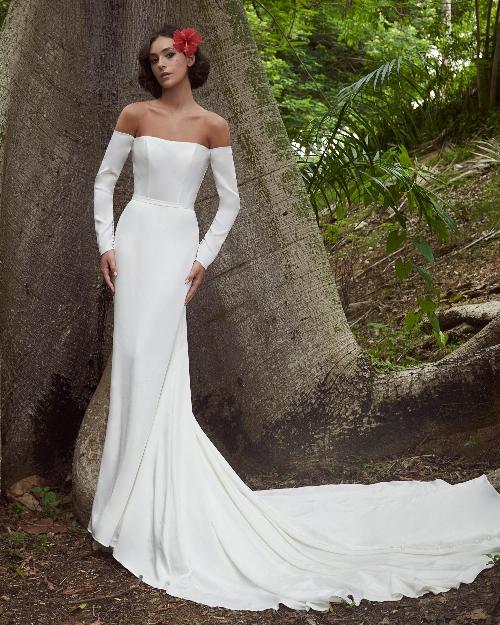 Lp2311 simple off the shoulder long sleeve wedding dress with sheath silhouette1